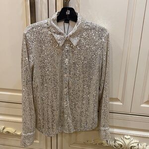 SANCTUARY WOMAN’S SPARKLING SILVER SEQUIN BLOUSE SZ S